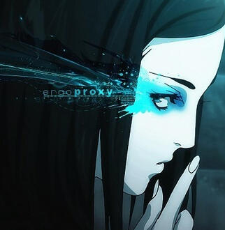 re-l mayer from ergo proxy, her blue eyeshadow is fading off and showig the title of the anime, that being ergo proxy
